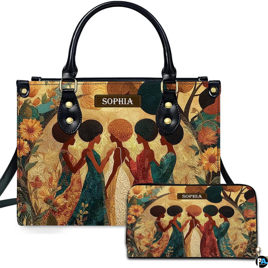 Black sisters painting presentation showing five women embracing in a sunflower grove alongside matching companion art.