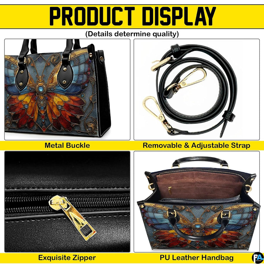 Top perspective of stained glass butterfly handbag displaying upper closure opening and dual handles