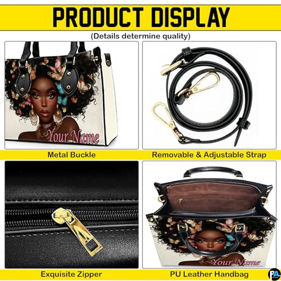Personalized Black Women Leather Bag, Custom Name African Purses and Handbags Gifts for Mom Birthday Christmas Mothers Day