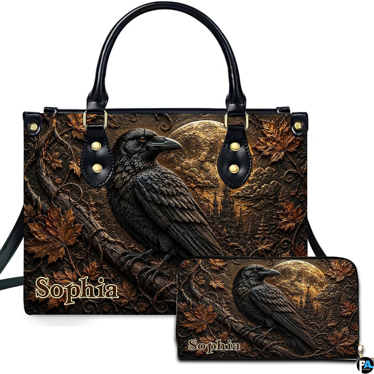 Personalized Halloween Gothic Leather Handbag Custom Raven Black Cat Purse Dark Fantasy Shoulder Bag Gift for Women