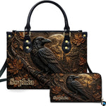 Personalized Halloween Gothic Leather Handbag Custom Raven Black Cat Purse Dark Fantasy Shoulder Bag Gift for Women