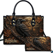 Personalized Halloween Gothic Leather Handbag Custom Raven Black Cat Purse Dark Fantasy Shoulder Bag Gift for Women
