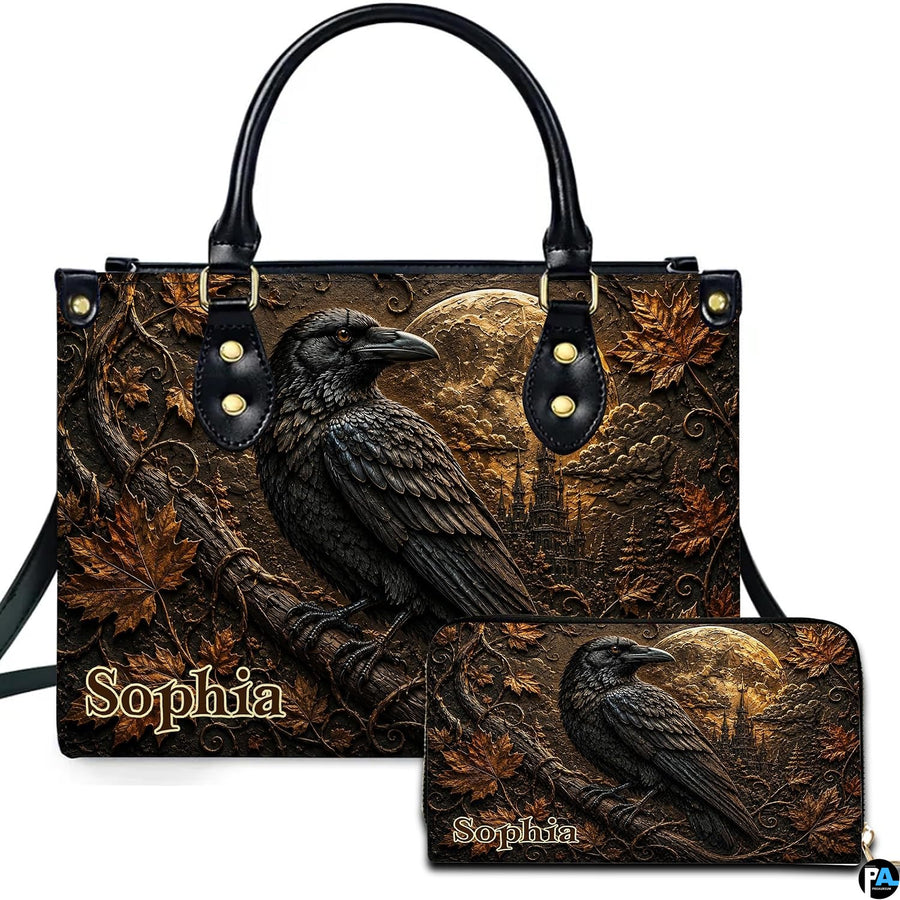 Personalized Halloween Gothic Leather Handbag Custom Raven Black Cat Purse Dark Fantasy Shoulder Bag Gift for Women