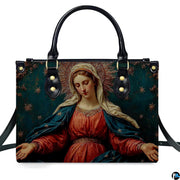 Front view of handbag featuring Virgin Mary with radiant halo and outstretched hands