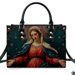 Front view of handbag featuring Virgin Mary with radiant halo and outstretched hands