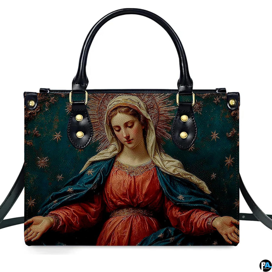 Front view of handbag featuring Virgin Mary with radiant halo and outstretched hands