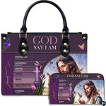 Christian Jesus scripture affirmations handbag and matching wallet set on white background.