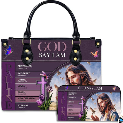 Christian Jesus scripture affirmations handbag and matching wallet set on white background.