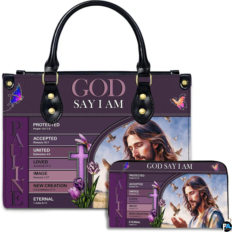 Christian Jesus scripture affirmations handbag and matching wallet set on white background.