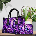 Close-up front view of handbag showing moonlight butterfly artwork