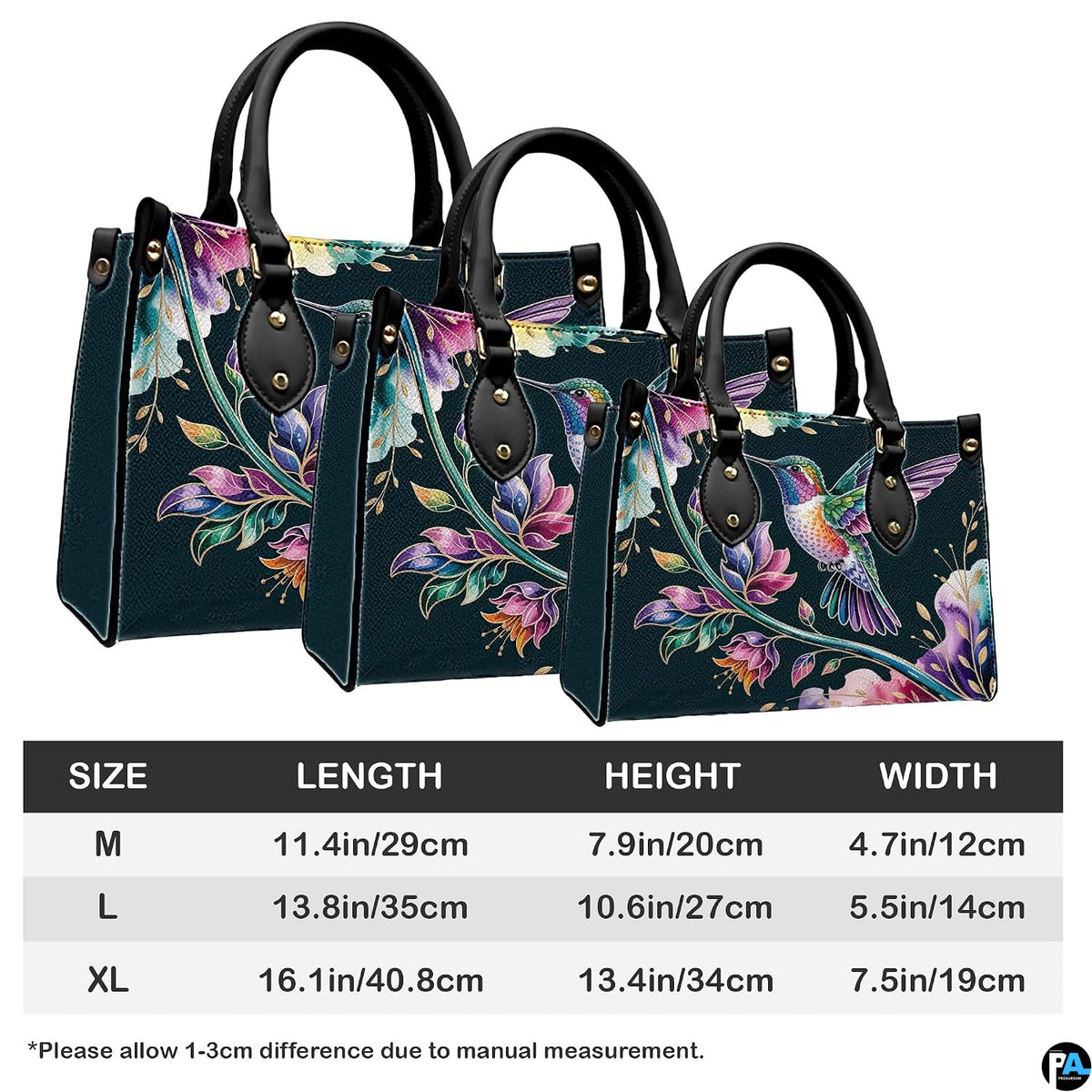 Studio front shot of midnight teal handbag showcasing outspread hummingbird wings and floral vines.