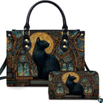 Studio presentation of black cat full moon stained glass art beside matching rectangular companion accessory.