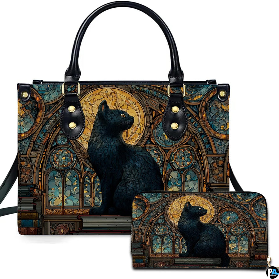 Studio presentation of black cat full moon stained glass art beside matching rectangular companion accessory.