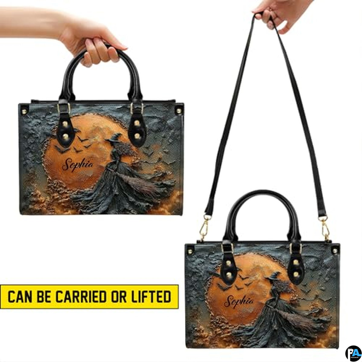 Personalized Halloween Leather Handbag – Custom Witch 3D Printing Effect Purses For Women – Spooky Gothic Shoulder Bag