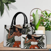 Matching botanical fashion accessories arranged together on a wooden tabletop next to indoor potted greenery.