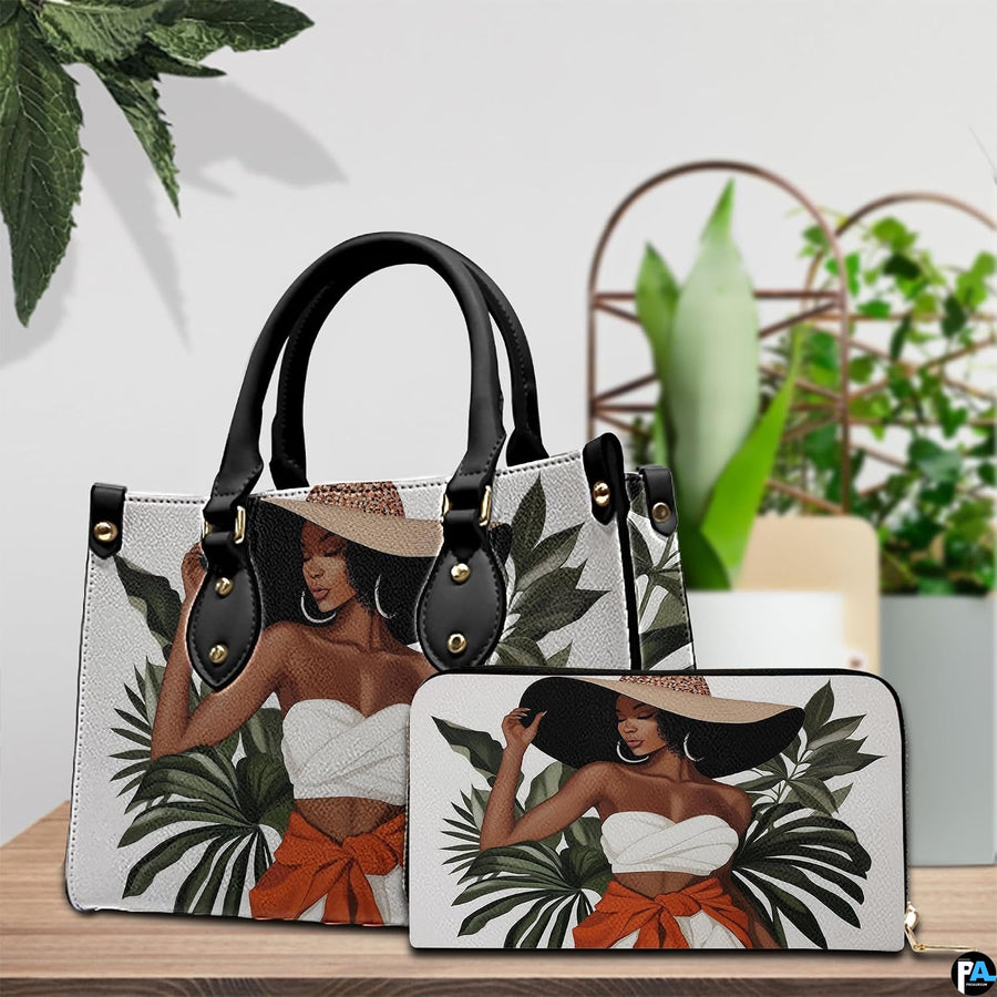Matching botanical fashion accessories arranged together on a wooden tabletop next to indoor potted greenery.