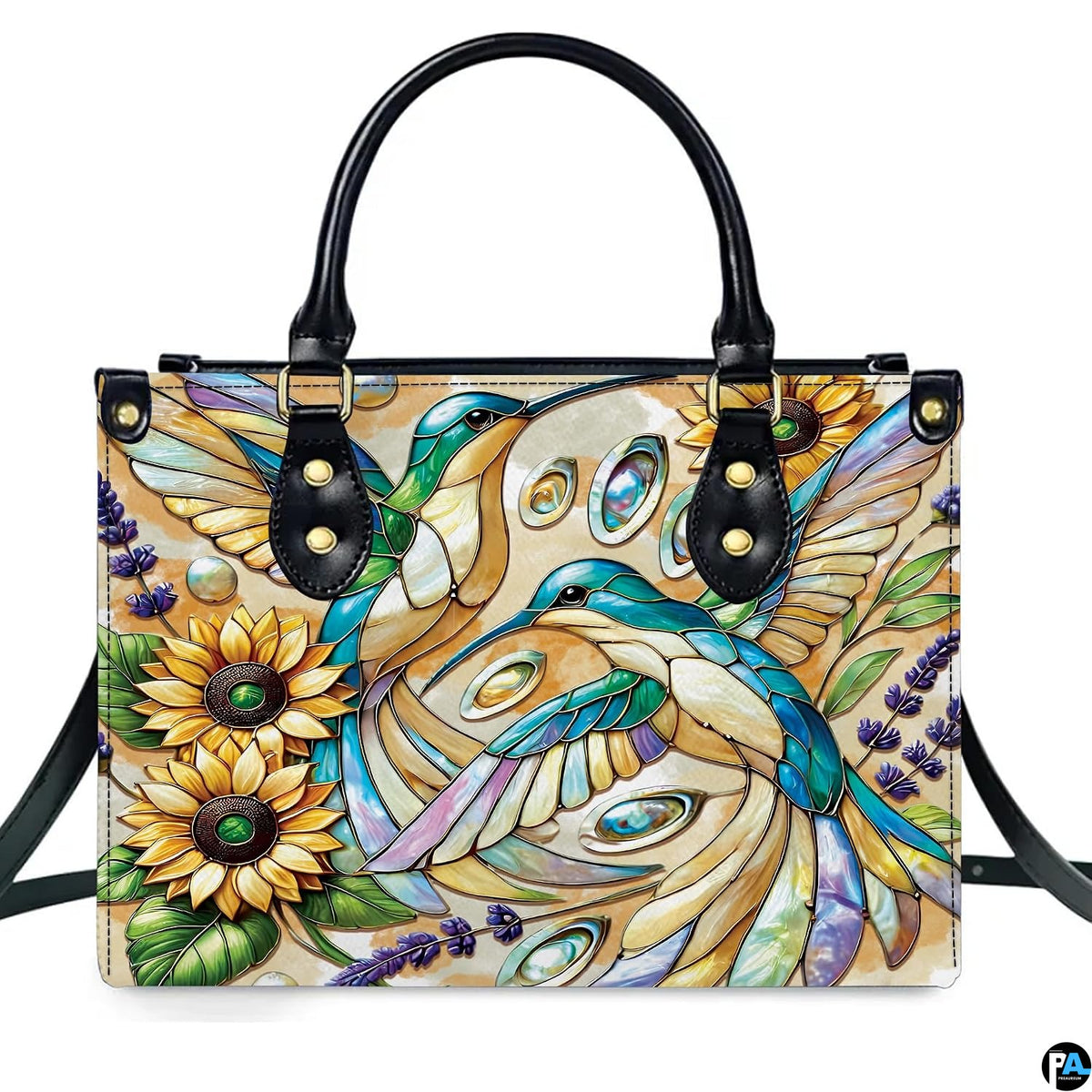 Front view of matching wallet carrying coordinating mosaic hummingbirds and sunflower botanical artwork.