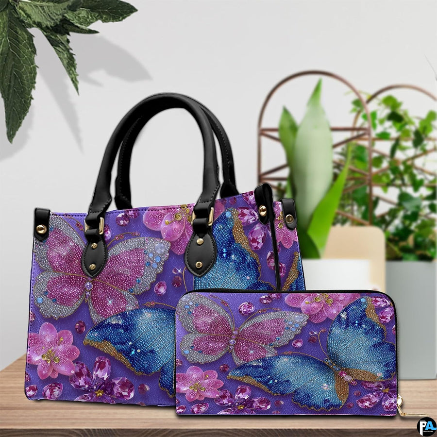 Front view showing sparkling blue and pink crystal butterflies and purple gems