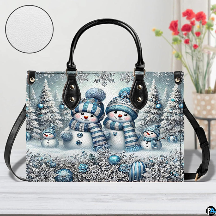 Front perspective highlighting smiling snowmen, blue striped scarves, and frosted pine forest artwork.