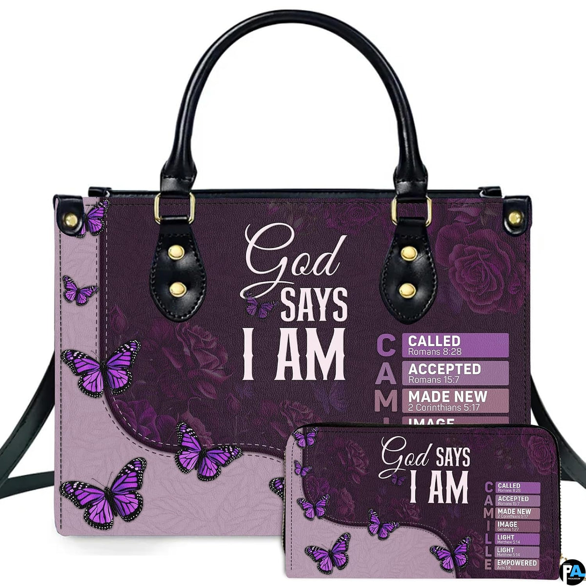 Front view of purple butterfly faith handbag and matching wallet featuring devotional scripture art.