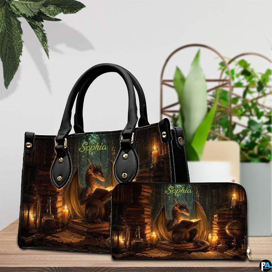 Three-quarter view of candlelit dragon purse showing structured silhouette, handles, and gold studs