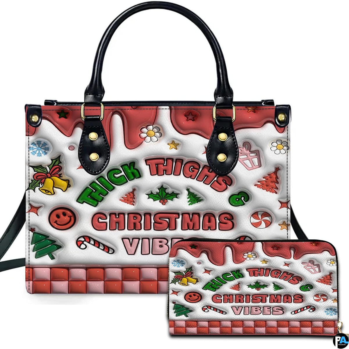Holiday handbag and matching wallet set featuring festive sticker graphics and decorative lettering.