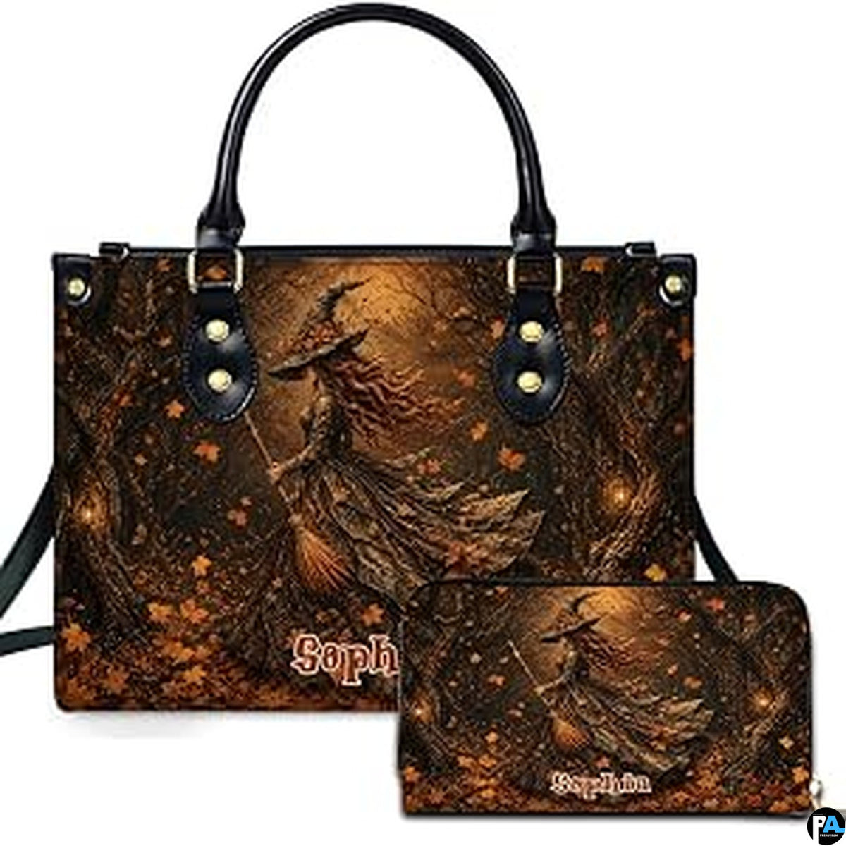 Personalized Witch Handbag with Purse, Custom Name Gothic Leather Bag Set for Women, Halloween Shoulder Bag, Witch Gift