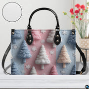 Pastel winter pine tree design displayed with circular texture inset against a floral backdrop