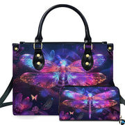 Bioluminescent neon dragonfly handbag and wallet set displayed together on white background