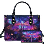 Bioluminescent neon dragonfly handbag and wallet set displayed together on white background