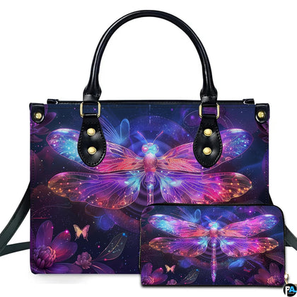 Bioluminescent neon dragonfly handbag and wallet set displayed together on white background