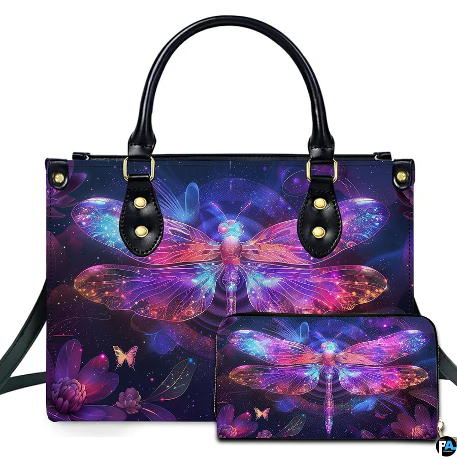 Bioluminescent neon dragonfly handbag and wallet set displayed together on white background
