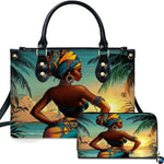 Front studio shot showing matching items with coastal sunset woman in yellow headwrap framed by palm fronds.