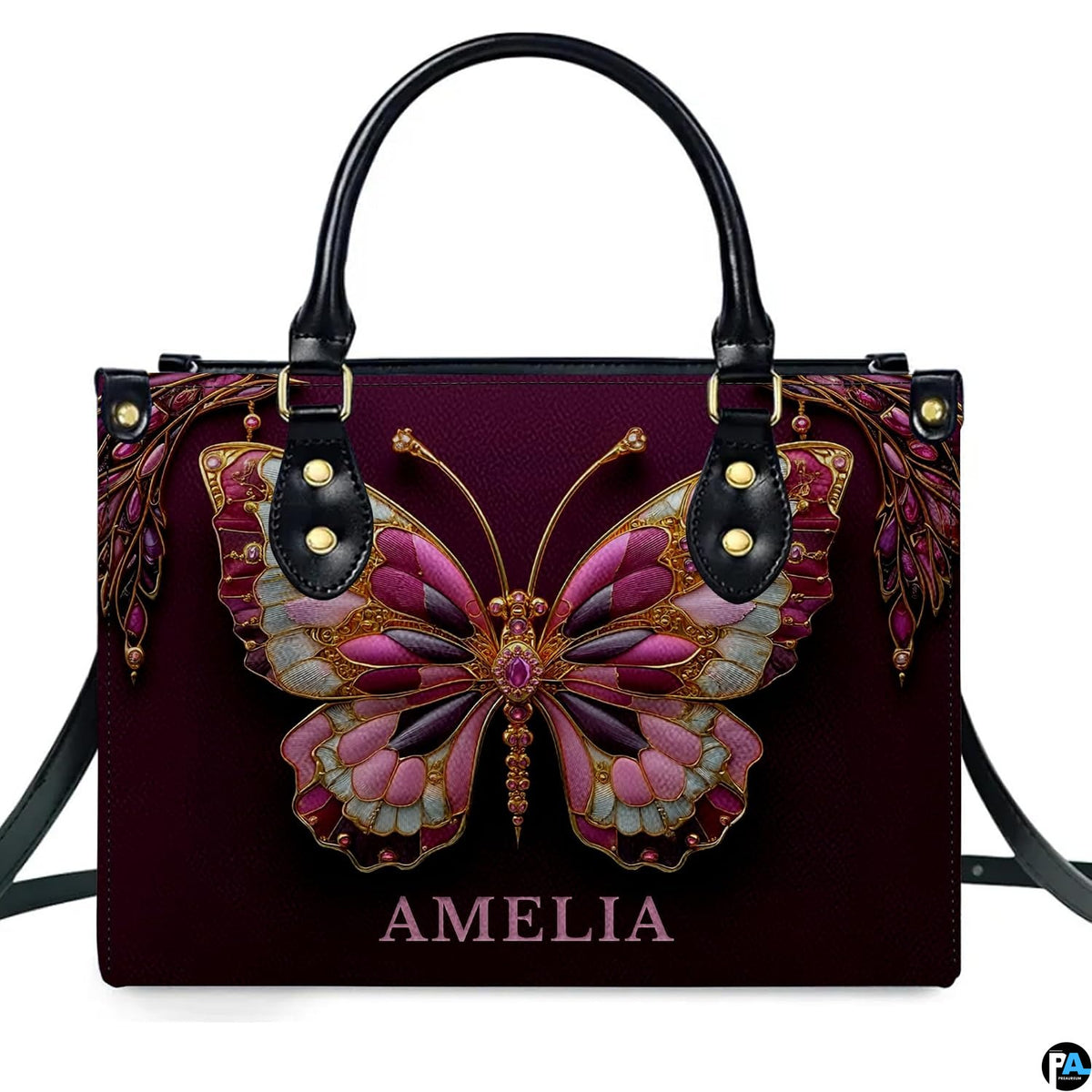 Model carrying jeweled butterfly handbag and matching wallet demonstrating scale