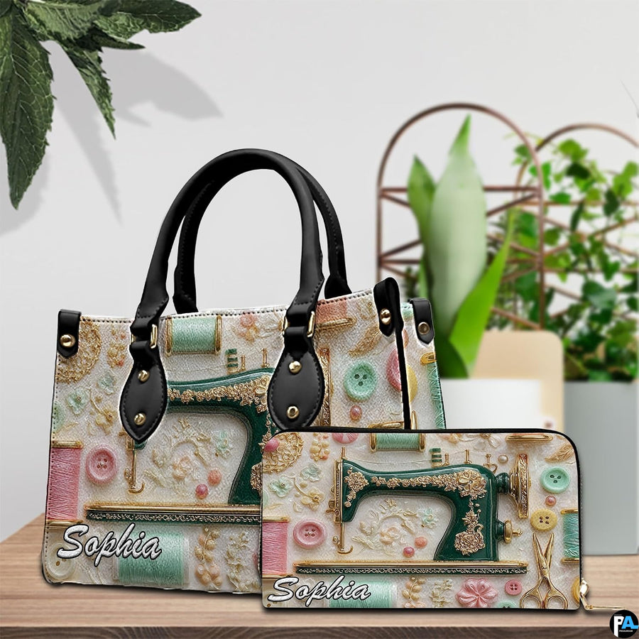 Antique sewing machine art resting beside indoor decorative flora on a wooden surface.