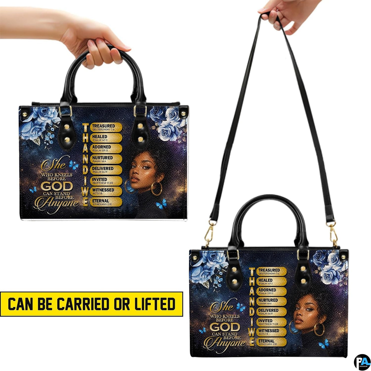 Presentation showing holding and shoulder carrying options for Christian scripture artwork graphics.