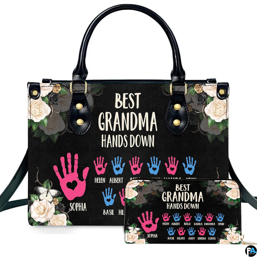 Mothers Day Gift Leather Bag- Personalized Grandmas Purse With Grandkids Names, Grandma Handbag Birthday Gifts For Mom Women