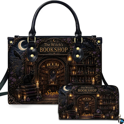 Black witchy library handbag with cats, ravens, candles, and matching accessory