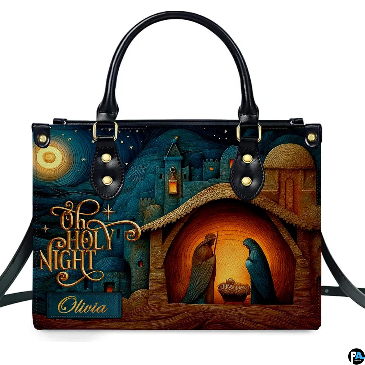 Close-up front view of holy family at the manger inside illuminated stable on structured tote handbag