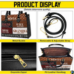 Perspective angle view of patchwork handbag highlighting side depth and continuous geometric alignment.