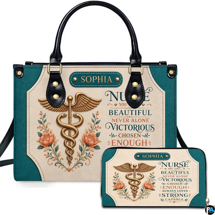 Teal nurse caduceus art featuring bronze winged staff crest, peach floral sprigs, and affirmation quotes.