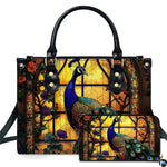 Peacock stained glass window handbag with jewel-tone bird and matching wallet