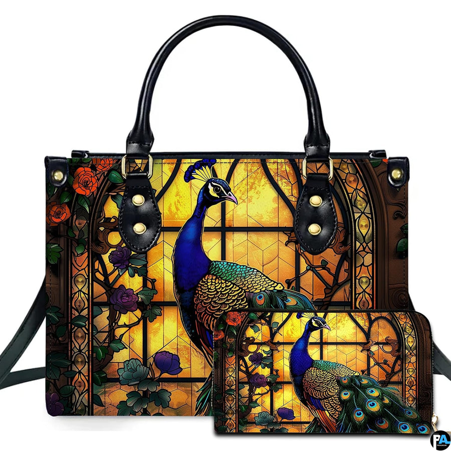 Peacock stained glass window handbag with jewel-tone bird and matching wallet