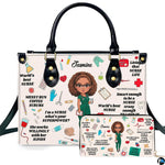 Nurse scrubs illustration handbag and matching wallet set displayed upright on white background.