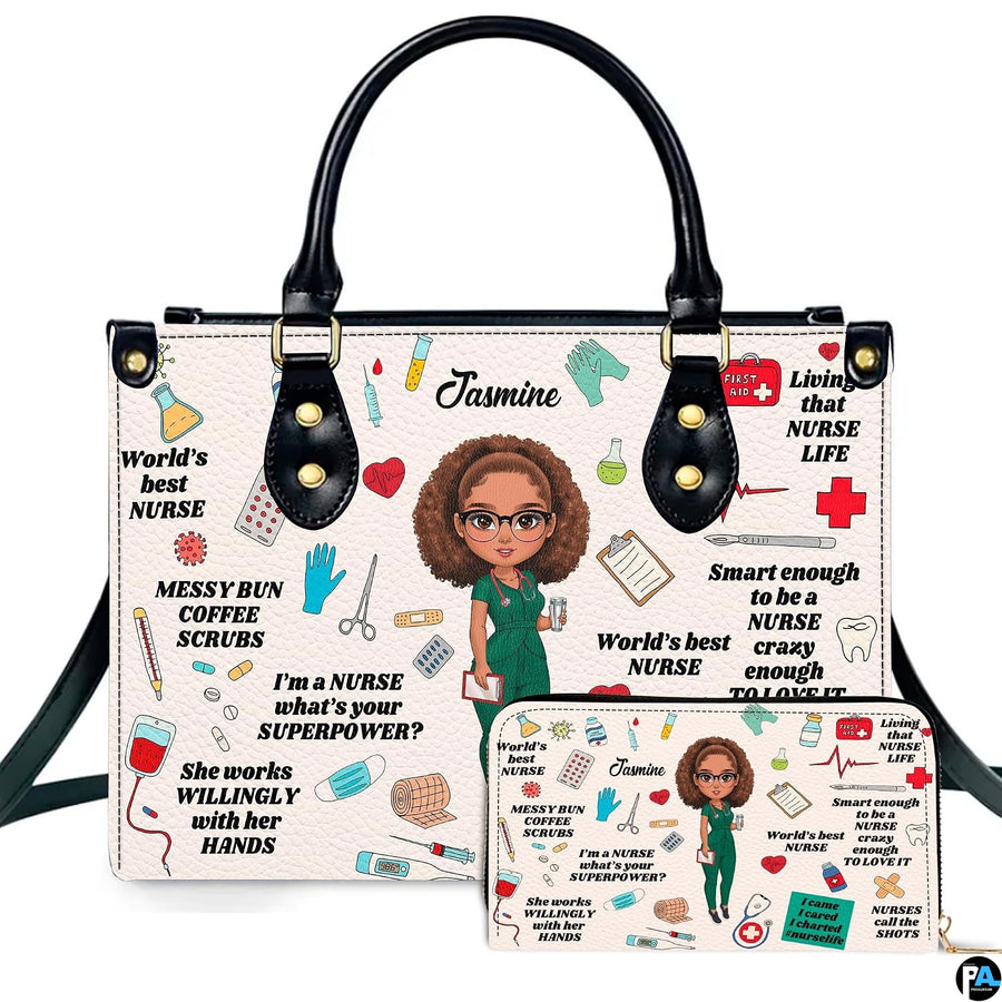 Nurse scrubs illustration handbag and matching wallet set displayed upright on white background.