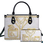 Contextual lifestyle display of the gold dermatologist handbag in an interior room setting.