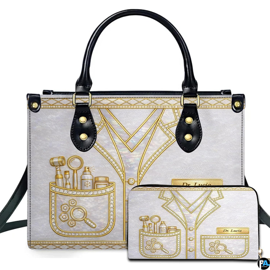 Contextual lifestyle display of the gold dermatologist handbag in an interior room setting.