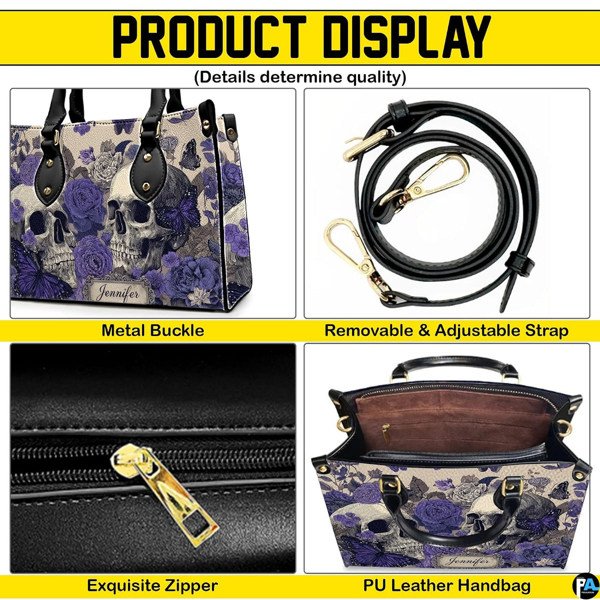 Four-panel showcase illustrating design details, hardware, and interior layout.