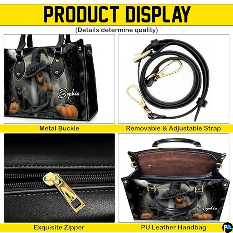 Personalized Halloween Leather Handbag – Custom Witch 3D Printing Effect Purses For Women – Spooky Gothic Shoulder Bag