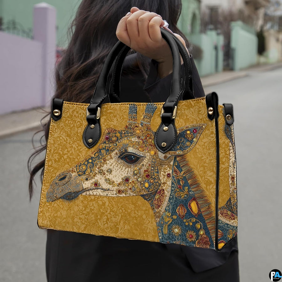 Side profile of giraffe handbag showing structured silhouette and black carrying handles.